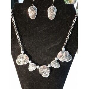 Skull Skeleton Silver Embossed Metal Rhinestone Accent Necklace & Earring Set